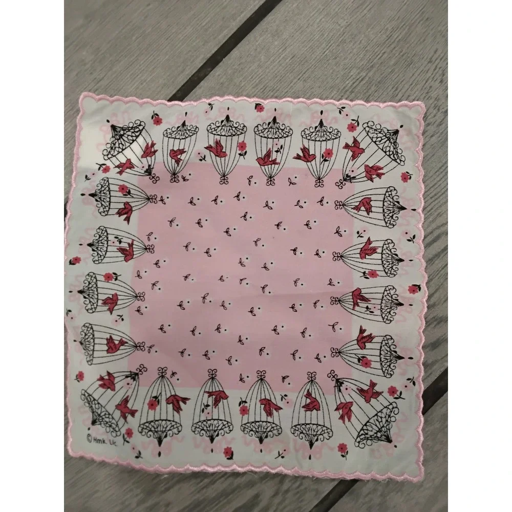 Hallmark Cute Pink Bird Cages Flowers Handkerchief Scarf Bandana 10x10